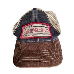 Snap-On Trucker Cap Hat Adult Adjustable Brown Blue Snapback USA Flag K Products